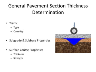 Traffic: Type  Quantity Subgrade & Subbase Properties Surface Course Properties Thickness Strength General Pavement Section Thickness Determination 