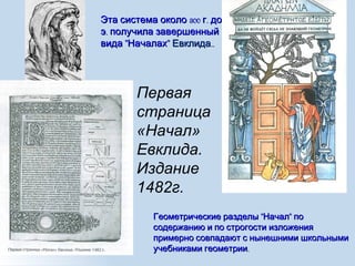 300 . .Эта система около г до н300 . .Эта система около г до н
.э получила завершенный.э получила завершенный
" "вида Началах" "вида Началах ЕвклидаЕвклида....
Первая
страница
«Начал»
Евклида.
Издание
1482г.
" "Геометрические разделы Начал по" "Геометрические разделы Начал по
содержанию и по строгости изложениясодержанию и по строгости изложения
примерно совпадают с нынешними школьнымипримерно совпадают с нынешними школьными
.учебниками геометрии.учебниками геометрии
 