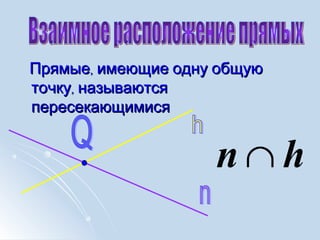,Прямые имеющие одну общую,Прямые имеющие одну общую
,точку называются,точку называются
пересекающимисяпересекающимися
hn ∩
 