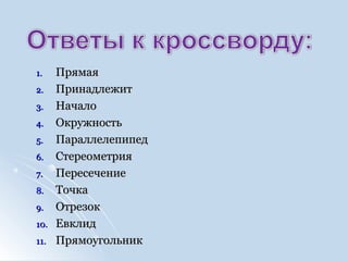 1.1. ПрямаяПрямая
2.2. ПринадлежитПринадлежит
3.3. НачалоНачало
4.4. ОкружностьОкружность
5.5. ПараллелепипедПараллелепипед
6.6. СтереометрияСтереометрия
7.7. ПересечениеПересечение
8.8. ТочкаТочка
9.9. ОтрезокОтрезок
10.10. ЕвклидЕвклид
11.11. ПрямоугольникПрямоугольник
 