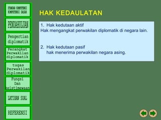 HAK KEDAULATAN
1. Hak kedutaan aktif
Hak mengangkat perwakilan diplomatik di negara lain.
2. Hak kedutaan pasif
hak menerima perwakilan negara asing.

 