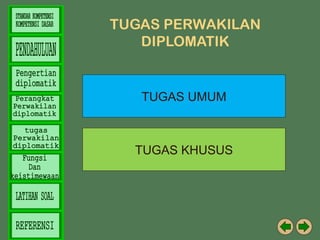 TUGAS PERWAKILAN
DIPLOMATIK

TUGAS UMUM

TUGAS KHUSUS

 