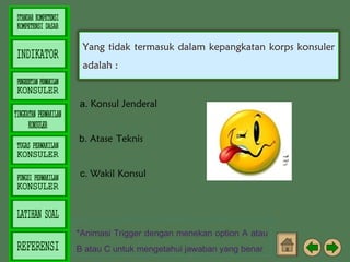 Yang tidak termasuk dalam kepangkatan korps konsuler
adalah :

a. Konsul Jenderal
b. Atase Teknis
c. Wakil Konsul

*Animasi Trigger dengan menekan option A atau
B atau C untuk mengetahui jawaban yang benar

 
