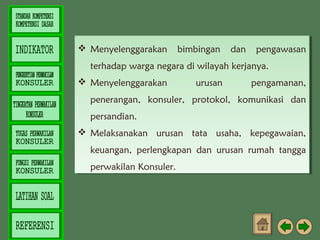  Menyelenggarakan bimbingan dan pengawasan
 Menyelenggarakan bimbingan dan pengawasan
terhadap warga negara di wilayah kerjanya.
terhadap warga negara di wilayah kerjanya.
 Menyelenggarakan
 Menyelenggarakan

urusan
urusan

pengamanan,
pengamanan,

penerangan, konsuler, protokol, komunikasi dan
penerangan, konsuler, protokol, komunikasi dan
persandian.
persandian.
 Melaksanakan urusan tata usaha, kepegawaian,
 Melaksanakan urusan tata usaha, kepegawaian,
keuangan, perlengkapan dan urusan rumah tangga
keuangan, perlengkapan dan urusan rumah tangga
perwakilan Konsuler.
perwakilan Konsuler.

 