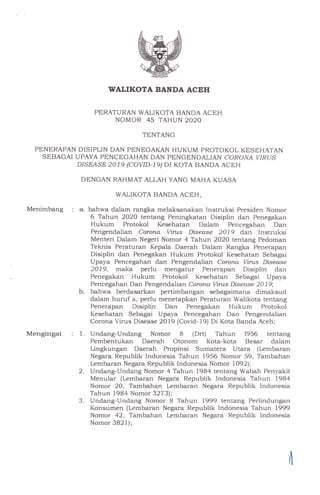 Perwal Banda Aceh Penerapan Disiplin Protokol Kesehatan