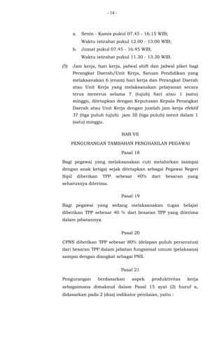 - 14 -
a. Senin - Kamis pukul 07.45 - 16.15 WIB;
Waktu istirahat pukul 12.00 - 13.00 WIB;
b. Jumat pukul 07.45 - 16.45 WIB;
Waktu istirahat pukul 11.30 - 13.30 WIB.
(5) Jam kerja, hari kerja, jadwal shift dan jadwal piket bagi
Perangkat Daerah/Unit Kerja, Satuan Pendidikan yang
melaksanakan 6 (enam) hari kerja dan Perangkat Daerah
atau Unit Kerja yang melaksanakan pelayanan secara
terus menerus selama 7 (tujuh) hari atau 1 (satu)
minggu, ditetapkan dengan Keputusan Kepala Perangkat
Daerah atau Unit Kerja dengan jumlah jam kerja efektif
37 (tiga puluh tujuh) jam 30 (tiga puluh) menit dalam 1
(satu) minggu.
BAB VII
PENGURANGAN TAMBAHAN PENGHASILAN PEGAWAI
Pasal 18
Bagi pegawai yang melaksanakan cuti melahirkan (sampai
dengan anak ketiga) sejak ditetapkan sebagai Pegawai Negeri
Sipil diberikan TPP sebesar 40% dari besaran yang
seharusnya diterima.
Pasal 19
Bagi pegawai yang sedang melaksanakan tugas belajar
diberikan TPP sebesar 40 % dari besaran TPP yang diterima
dalam jabatannya.
Pasal 20
CPNS diberikan TPP sebesar 80% (delapan puluh perseratus)
dari besaran TPP dalam jabatan fungsional umum (pelaksana)
sampai dengan diangkat sebagai PNS.
Pasal 21
Pengurangan berdasarkan aspek produktivitas kerja
sebagaimana dimaksud dalam Pasal 15 ayat (2) huruf a,
didasarkan pada 2 (dua) indikator penilaian, yaitu :
 