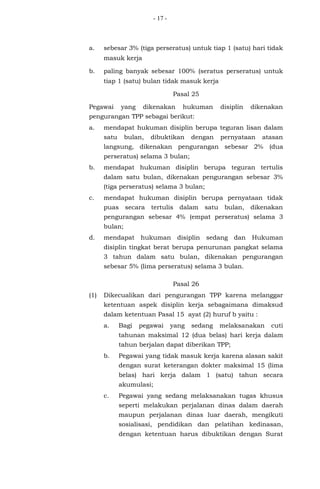 - 17 -
a. sebesar 3% (tiga perseratus) untuk tiap 1 (satu) hari tidak
masuk kerja
b. paling banyak sebesar 100% (seratus perseratus) untuk
tiap 1 (satu) bulan tidak masuk kerja
Pasal 25
Pegawai yang dikenakan hukuman disiplin dikenakan
pengurangan TPP sebagai berikut:
a. mendapat hukuman disiplin berupa teguran lisan dalam
satu bulan, dibuktikan dengan pernyataan atasan
langsung, dikenakan pengurangan sebesar 2% (dua
perseratus) selama 3 bulan;
b. mendapat hukuman disiplin berupa teguran tertulis
dalam satu bulan, dikenakan pengurangan sebesar 3%
(tiga perseratus) selama 3 bulan;
c. mendapat hukuman disiplin berupa pernyataan tidak
puas secara tertulis dalam satu bulan, dikenakan
pengurangan sebesar 4% (empat perseratus) selama 3
bulan;
d. mendapat hukuman disiplin sedang dan Hukuman
disiplin tingkat berat berupa penurunan pangkat selama
3 tahun dalam satu bulan, dikenakan pengurangan
sebesar 5% (lima perseratus) selama 3 bulan.
Pasal 26
(1) Dikecualikan dari pengurangan TPP karena melanggar
ketentuan aspek disiplin kerja sebagaimana dimaksud
dalam ketentuan Pasal 15 ayat (2) huruf b yaitu :
a. Bagi pegawai yang sedang melaksanakan cuti
tahunan maksimal 12 (dua belas) hari kerja dalam
tahun berjalan dapat diberikan TPP;
b. Pegawai yang tidak masuk kerja karena alasan sakit
dengan surat keterangan dokter maksimal 15 (lima
belas) hari kerja dalam 1 (satu) tahun secara
akumulasi;
c. Pegawai yang sedang melaksanakan tugas khusus
seperti melakukan perjalanan dinas dalam daerah
maupun perjalanan dinas luar daerah, mengikuti
sosialisasi, pendidikan dan pelatihan kedinasan,
dengan ketentuan harus dibuktikan dengan Surat
 