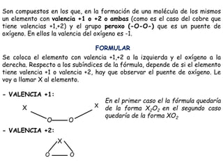 Son compuestos en los que, en la formación de una molécula de los mismos
un elemento con valencia +1 o +2 o ambas (como es el caso del cobre que
tiene valencias +1,+2) y el grupo peroxo (-O-O-) que es un puente de
oxígeno. En ellos la valencia del oxígeno es -1.
FORMULAR
Se coloca el elemento con valencia +1,+2 a la izquierda y el oxígeno a la
derecha. Respecto a los subíndices de la fórmula, depende de si el elemento
tiene valencia +1 o valencia +2, hay que observar el puente de oxígeno. Le
voy a llamar X al elemento.
- VALENCIA +1:
O O
X X
- VALENCIA +2:
OO
X
En el primer caso el la fórmula quedaría
de la forma X2O2 en el segundo caso
quedaría de la forma XO2