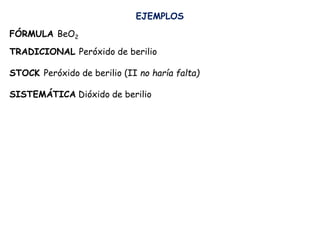 EJEMPLOS
FÓRMULA BeO2
TRADICIONAL Peróxido de berilio
STOCK Peróxido de berilio (II no haría falta)
SISTEMÁTICA Dióxido de berilio