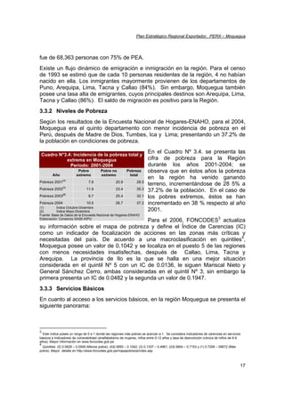 Plan Estratégico Regional Exportador, PERX – Moquegua
17
fue de 68,363 personas con 75% de PEA.
Existe un flujo dinámico de emigración e inmigración en la región. Para el censo
de 1993 se estimó que de cada 10 personas residentes de la región, 4 no habían
nacido en ella. Los inmigrantes mayormente provienen de los departamentos de
Puno, Arequipa, Lima, Tacna y Callao (84%). Sin embargo, Moquegua también
posee una tasa alta de emigrantes, cuyos principales destinos son Arequipa, Lima,
Tacna y Callao (86%). El saldo de migración es positivo para la Región.
3.3.2 Niveles de Pobreza
Según los resultados de la Encuesta Nacional de Hogares-ENAHO, para el 2004,
Moquegua era el quinto departamento con menor incidencia de pobreza en el
Perú, después de Madre de Dios, Tumbes, Ica y Lima; presentando un 37.2% de
la población en condiciones de pobreza.
En el Cuadro Nº 3.4. se presenta las
cifra de pobreza para la Región
durante los años 2001-2004; se
observa que en éstos años la pobreza
en la región ha venido ganando
terreno, incrementándose de 28 5% a
37.2% de la población. En el caso de
los pobres extremos, éstos se han
incrementado en 38 % respecto al año
2001.
Para el 2006, FONCODES3
actualiza
su información sobre el mapa de pobreza y define el Índice de Carencias (IC)
como un indicador de focalización de acciones en las zonas más críticas y
necesitadas del país. De acuerdo a una macroclasificación en quintiles4
,
Moquegua posee un valor de 0,1042 y se localiza en el puesto 5 de las regiones
con menos necesidades insatisfechas, después de Callao, Lima, Tacna y
Arequipa. La provincia de Ilo es la que se halla en una mejor situación
considerada en el quintil Nº 5 con un IC de 0.0136, le siguen Mariscal Nieto y
General Sánchez Cerro, ambas consideradas en el quintil Nº 3, sin embargo la
primera presenta un IC de 0.0482 y la segunda un valor de 0.1947.
3.3.3 Servicios Básicos
En cuanto al acceso a los servicios básicos, en la región Moquegua se presenta el
siguiente panorama:
3
Este ìndice posee un rango de 0 a 1 donde las regiones màs pobres se acercan a 1. Se considera indicadores de carencias en servicios
básicos e Indicadores de vulnerabilidad (analfabetismo de mujeres, niños entre 0-12 años y tasa de desnutrición crónica de niños de 6-9
años). Mayor información en www.foncodes.gob.pe
4
Quintiles: (5) 0.0629 – 0.0549 (Menos pobre); (4)0.0650 – 0.1042; (3) 0.1337 – 0.4961; (2)0.5604 – 0.7153 y (1) 0.7206 – 09672 (Más
pobre). Mayor detalle en http://www.foncodes.gob.pe/mapapobreza/index.asp
Cuadro N°3.4: Incidencia de la pobreza total y
extrema en Moquegua
Periodo: 2001-2004
Año
Pobre
extremo
Pobre no
extremo
Pobreza
total
Pobreza 2001
(1)
7.6 20.9 28.5
Pobreza 2002
(1)
11.9 23.4 35.3
Pobreza 2003
(2)
6.7 25.4 32.1
Pobreza 2004 10.5 26.7 37.2
(1) Índice Octubre-Diciembre
(2) Índice Mayo-Diciembre
Fuente: Base de Datos de la Encuesta Nacional de Hogares-ENAHO
Elaboración: Consorcio SASE-KIPU
 