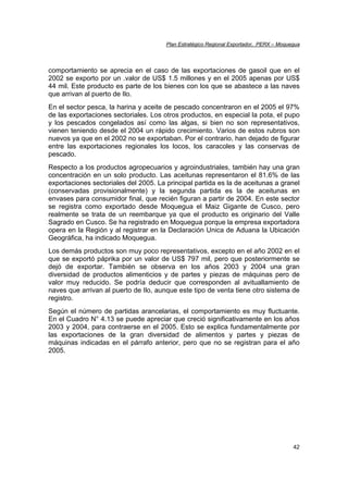 Plan Estratégico Regional Exportador, PERX – Moquegua
42
comportamiento se aprecia en el caso de las exportaciones de gasoil que en el
2002 se exporto por un .valor de US$ 1.5 millones y en el 2005 apenas por US$
44 mil. Este producto es parte de los bienes con los que se abastece a las naves
que arrivan al puerto de Ilo.
En el sector pesca, la harina y aceite de pescado concentraron en el 2005 el 97%
de las exportaciones sectoriales. Los otros productos, en especial la pota, el pupo
y los pescados congelados así como las algas, si bien no son representativos,
vienen teniendo desde el 2004 un rápido crecimiento. Varios de estos rubros son
nuevos ya que en el 2002 no se exportaban. Por el contrario, han dejado de figurar
entre las exportaciones regionales los locos, los caracoles y las conservas de
pescado.
Respecto a los productos agropecuarios y agroindustriales, también hay una gran
concentración en un solo producto. Las aceitunas representaron el 81.6% de las
exportaciones sectoriales del 2005. La principal partida es la de aceitunas a granel
(conservadas provisionalmente) y la segunda partida es la de aceitunas en
envases para consumidor final, que recién figuran a partir de 2004. En este sector
se registra como exportado desde Moquegua el Maiz Gigante de Cusco, pero
realmente se trata de un reembarque ya que el producto es originario del Valle
Sagrado en Cusco. Se ha registrado en Moquegua porque la empresa exportadora
opera en la Región y al registrar en la Declaración Unica de Aduana la Ubicación
Geográfica, ha indicado Moquegua.
Los demás productos son muy poco representativos, excepto en el año 2002 en el
que se exportó páprika por un valor de US$ 797 mil, pero que posteriormente se
dejó de exportar. También se observa en los años 2003 y 2004 una gran
diversidad de productos alimenticios y de partes y piezas de máquinas pero de
valor muy reducido. Se podría deducir que corresponden al avituallamiento de
naves que arrivan al puerto de Ilo, aunque este tipo de venta tiene otro sistema de
registro.
Según el número de partidas arancelarias, el comportamiento es muy fluctuante.
En el Cuadro N° 4.13 se puede apreciar que creció significativamente en los años
2003 y 2004, para contraerse en el 2005. Esto se explica fundamentalmente por
las exportaciones de la gran diversidad de alimentos y partes y piezas de
máquinas indicadas en el párrafo anterior, pero que no se registran para el año
2005.
 