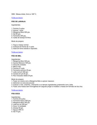 OBS.: Massa direta, forno a 180º C.

Volta ao inicio
PÃO DE LARANJA
Ingredientes:
1. Farinha 5 quilos
2. Açúcar 1 quilo
3. Margarina Bolo 500 grs.
4. Sal 80 grs.
5. Fermento 300 grs.
6. Calda de laranja 03 litros
Modo de preparo:
1. Faça a massa normal
2. Coloque em forma de ½ quilo.
3. Asse em forno brando e vaporado.

Volta ao inicio
PÃO DE MEL
Ingredientes:
1. Margarina Bolo 500 grs.
2. Açúcar Mascavo 500 grs.
3. Ovos 05 unidades
4. Mel 01 litro
5. Farinha 01 quilo
6. Fermento químico 20 grs.
7. Leite comum 500 grs.
8. Canela em pó 20 grs.
9. Noz moscada ralada 20 grs.
Modo de preparo:
1. Fazer um creme com a Margarina Bolo e açúcar mascavo.
2. Adicionar os ovos aos poucos
3. Colocar o mel, a farinha, o fermento e os demais ingredientes juntamente com o leite.
4. Fazer uma massa bem homogênea em seguida pingar e modelar a massa em formato de bico liso.

Volta ao inicio
PÃO DOCE
Ingredientes:
1. Farinha 05 quilos
2. Fermento fresco 500 grs.
3. Margarina Bolo 300 grs.
4. Leite em pó 200 grs.
5. Ovos 12 unidades
6. Arkady 50 grs.
7. Água 2.400 ml
8. Sal 75 grs.

 