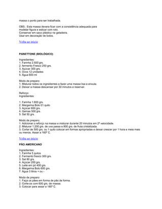 massa o ponto para ser trabalhada.
OBS.: Esta massa devera ficar com a consistência adequada para
modelar figura e esticar com rolo.
Conservar em saco plástico na geladeira.
Usar em decoração de bolos.

Volta ao inicio

PANETTONE (BIOLÓGICO)
Ingredientes:
1. Farinha 2.500 grs.
2. fermento Fresco 250 grs.
3. Açúcar 300 grs.
4. Ovos 12 unidades
5. Água 600 ml
Modo de preparo:
1. Misturar todos os ingredientes e fazer uma massa lisa e enxuta.
2. Deixar a massa descansar por 30 minutos e reservar.
Reforço:
Ingredientes:
1. Farinha 1.600 grs.
2. Margarina Bolo 01 quilo
3. Açúcar 600 grs.
4. Gemas 500 grs.
5. Sal 50 grs.
Modo de preparo:
1. Adicionar o reforço na massa e misturar durante 20 minutos em 2ª velocidade.
2. Misturar 1.200 grs. de uva passa e 800 grs. de fruta cristalizada.
3. Cortar de 500 grs. ou 1 quilo colocar em formas apropriadas e deixar crescer por 1 hora e meia mais
ou menos. Assar a 160º C.

Volta ao inicio
PÃO AMERICANO
Ingredientes:
1. Farinha 5 quilos
2. Fermento fresco 300 grs.
3. Sal 80 grs.
4. Açúcar 200 grs.
5. Leite em pó 400 grs.
6. Margarina Bolo 600 grs.
7. Água 3 litros + ou Modo de preparo:
1. Faça os pães em forma de pão de forma.
2. Corte-os com 600 grs. de massa.
3. Colocar para assar a 180º C.

 