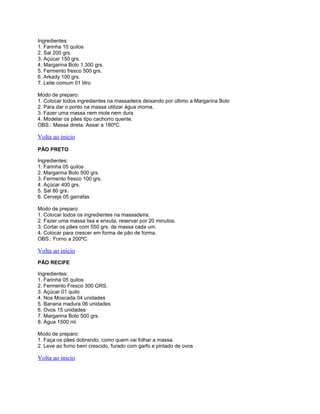 Ingredientes:
1. Farinha 10 quilos
2. Sal 200 grs.
3. Açúcar 150 grs.
4. Margarina Bolo 1.300 grs.
5. Fermento fresco 500 grs.
6. Arkady 100 grs.
7. Leite comum 01 litro
Modo de preparo:
1. Colocar todos ingredientes na massadeira deixando por último a Margarina Bolo
2. Para dar o ponto na massa utilizar água morna.
3. Fazer uma massa nem mole nem dura
4. Modelar os pães tipo cachorro quente.
OBS.: Massa direta. Assar a 180ºC.

Volta ao inicio
PÃO PRETO
Ingredientes:
1. Farinha 05 quilos
2. Margarina Bolo 500 grs.
3. Fermento fresco 100 grs.
4. Açúcar 400 grs.
5. Sal 80 grs.
6. Cerveja 05 garrafas
Modo de preparo:
1. Colocar todos os ingredientes na massadeira.
2. Fazer uma massa lisa e enxuta, reservar por 20 minutos.
3. Cortar os pães com 550 grs. de massa cada um.
4. Colocar para crescer em forma de pão de forma.
OBS.: Forno a 200ºC.

Volta ao inicio
PÃO RECIFE
Ingredientes:
1. Farinha 05 quilos
2. Fermento Fresco 300 GRS.
3. Açúcar 01 quilo
4. Nos Moscada 04 unidades
5. Banana madura 06 unidades
6. Ovos 15 unidades
7. Margarina Bolo 500 grs.
8. Água 1500 ml
Modo de preparo:
1. Faça os pães dobrando, como quem vai folhar a massa.
2. Leve ao forno bem crescido, furado com garfo e pintado de ovos

Volta ao inicio

 