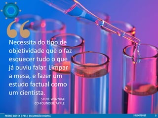 26/06/2015PEDRO COSTA | PES | ESCURIDÃO DIGITAL 3
Necessita do tipo de
objetividade que o faz
esquecer tudo o que
já ouviu falar. Limpar
a mesa, e fazer um
estudo factual como
um cientista.
STEVE WOZNIAK
CO-FOUNDER, APPLE
 