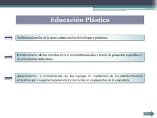 Profesionalización de la tarea, actualización del enfoque y prácticas.
Fortalecimiento de los vínculos intra e interinstitucionales a través de proyectos específicos y
de articulación entre áreas.
Asesoramiento y comunicación con los Equipos de Conducción de los establecimientos
educativos para asegurar la presencia y concreción de los proyectos de la asignatura.
Educación Plástica
 