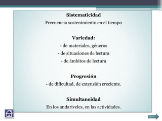 Sistematicidad
Frecuencia sostenimiento en el tiempo
Variedad:
- de materiales, géneros
- de situaciones de lectura
- de ámbitos de lectura
Progresión
- de dificultad, de extensión creciente.
Simultaneidad
En los andariveles, en las actividades.
 