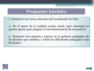 Preguntas Iniciales
• 1.- Enumerar tres tareas relevantes del Coordinador de Ciclo.
• 2.- En el marco de la realidad escolar actual, ¿qué estrategias se
pueden aportar para asegurar la sistematización de los encuentros?
• 3.- Enumerar tres aspectos a superar en el quehacer pedagógico de
los docentes que coordina; o referir las dificultades pedagógicas más
frecuentes.
 