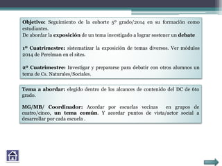 Objetivo: Seguimiento de la cohorte 5º grado/2014 en su formación como
estudiantes.
De abordar la exposición de un tema investigado a lograr sostener un debate
1º Cuatrimestre: sistematizar la exposición de temas diversos. Ver módulos
2014 de Perelman en el sites.
2º Cuatrimestre: Investigar y prepararse para debatir con otros alumnos un
tema de Cs. Naturales/Sociales.
Tema a abordar: elegido dentro de los alcances de contenido del DC de 6to
grado.
MG/MB/ Coordinador: Acordar por escuelas vecinas en grupos de
cuatro/cinco, un tema común. Y acordar puntos de vista/actor social a
desarrollar por cada escuela .
 