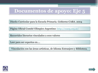 Vinculación con las áreas artísticas, de Idioma Extranjero y Biblioteca.
Documentos de apoyo: Eje 5
Diseño Curricular para la Escuela Primaria. Gobierno CABA. 2004
Página Oficial Comité Olímpico Argentino: http://coarg.org.ar/
Recorridos literarios vinculados a esos valores
Leer para ser expertos en….
 