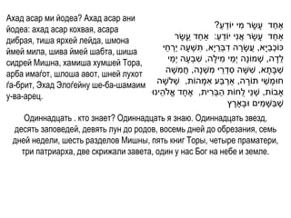 Ахад асар ми йодеа? Ахад асар ани
йодеа: ахад асар кохвая, асара                                      ַ ֵ    ִ
                                                                 ?‫ַאחד עָ שָ ר מי יֹודע‬     ַ
дибрая, тиша ярхей лейда, шмона                 ‫ַאחד עָ שָ ר אֲ נִי יֹודע: ַאחד עָשָ ר‬
                                                      ַ ַ         ַ ֵ                         ַ
ймей мила, шива ймей шабта, шиша          ‫ּכֹוכביָא, עֲ שָ רה דבְׁרי ָא, תשְׁ עָ ה יַרחי‬
                                           ֵ ְׁ             ִ      ַ ִ ָ               ַ ְׁ
сидрей Мишна, хамиша хумшей Тора,            ֵ            ִ          ִ ֵ
                                            ‫לדָ ה, שְׁ מֹונָה י ְׁמי מילָה, שבְׁעָ ה י ְׁמי‬       ֵ
арба имаѓот, шлоша авот, шней лухот                ִ           ִ ֵ ִ             ִ
                                           ‫שבָתָ א, ששָ ה סדְׁ רי משְׁ נָה, חֲ משָ ה‬            ַ
                                                              ִ ַ ְׁ
ѓа-брит, Эхад Элоѓейну ше-ба-шамаим ‫חּומְׁ שי תֹורה, ַארבע אמָ הֹות, שְׁ לשָ ה‬ ָ     ֵ
у-ва-арец.                          ‫ָאבֹות, שְׁ נֵי לֻחֹות הבְׁרית, אֶ חָ ד אֱ ֹלהינּו‬
                                        ֵ                       ִ ַ
                                                                                    ַ ַ
                                                                        ‫שֶ בשָ מים ּובָָארץ‬
                                                                         ֶ
     Одиннадцать . кто знает? Одиннадцать я знаю. Одиннадцать звезд,
  десять заповедей, девять лун до родов, восемь дней до обрезания, семь
  дней недели, шесть разделов Мишны, пять книг Торы, четыре праматери,
    три патриарха, две скрижали завета, один у нас Бог на небе и земле.
 