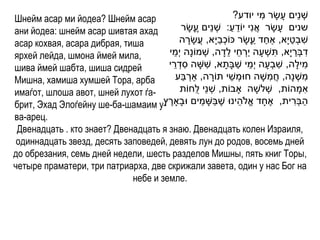 Шнейм асар ми йодеа? Шнейм асар                                     ?‫שְׁ נֵים עָ שָ ר מי יודע‬
                                                                           ִ
ани йодеа: шнейм асар шивтая ахад           ‫שנים עָ שָ ר אֲ נִי יֹודע: שְׁ נֵים עָשָ ר‬
                                                  ֶ                ַ ֵ
асар кохвая, асара дибрая, тиша                            ַ ְׁ          ַ ַ         ַ ִ
                                            ‫שבְׁטי ָא, ַאחד עָשָ ר ּכֹוכביָא, עֲ שָ רה‬
                                               ָ
ярхей лейда, шмона ймей мила,         ‫דבְׁרי ָא, תשְׁ עָ ה יַרחי לדָ ה, שְׁ מֹונָה י ְׁמי‬
                                        ֵ                       ֵ ֵ ְׁ         ִ       ַ ִ
шива ймей шабта, шиша сидрей              ֵ ִ          ִ             ַ ֵ         ִ
                                      ‫מילָה, שבְׁעָ ה י ְׁמי שבָתָ א, ששָ ה סדְׁ רי‬             ִ
Мишна, хамиша хумшей Тора, арба             ַ ְׁ                 ֵ           ִ
                                           ‫משְׁ נָה, חֲ משָ ה חּומְׁ שי תֹורה, ַארבע‬
                                                         ָ                                    ִ
имаѓот, шлоша авот, шней лухот ѓа-          ‫אמָ הֹות, שְׁ לשָ ה ָאבֹות, שְׁ נֵי לֻחֹות‬      ִ
                                                    ַ ַ                ֵ
брит, Эхад Элоѓейну ше-ба-шамаим у- ‫הבְׁרית, אֶ חָ ד אֱ ֹלהינּו שֶ בשָ מים ּובָָאר‬
                                     ‫ֶץ‬                                               ִ ַ
ва-арец.
 Двенадцать . кто знает? Двенадцать я знаю. Двенадцать колен Израиля,
 одиннадцать звезд, десять заповедей, девять лун до родов, восемь дней
до обрезания, семь дней недели, шесть разделов Мишны, пять книг Торы,
четыре праматери, три патриарха, две скрижали завета, один у нас Бог на
                             небе и земле.
 