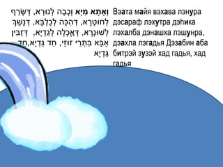 ַ                               ַׁ
‫וְָאתָׁ א מי ָׁא וְׁכבָה לְׁנּורא, דְׁ שָ רף‬
                 ָ           ָ                          Вэата майя вэхава лэнура
     ַ             ְׁ ַ ְׁ     ִ      ָ
‫לְׁחּוטְׁ רא, דְׁ הּכָה לכלבָא, דְׁ נָשְך‬               дэсараф лэхутра дэhика
  ִ ַ                ַ ְׁ  ְׁ ַ
‫לְׁשּונְׁרא, דְׁ אָכלָה לגדְׁ י ָא, דְׁ זבין‬
                                        ָ               лэхалба дэнашха лэшунра,
       ַ        ַ ַ ֵ            ֵ ִ
     ‫אבָא בתְׁ רי זּוזי, חד גדְׁ י ָא,חד‬          ַ     дэахла лэгадья Дэзабин аба
                                          ‫גדְׁ י ָא‬ ַ   битрэй зузэй хад гадья, хад
                                                        гадья
 