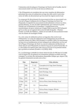 ERM 92 P-A-P Water and Sanitation Project III – January 2017-25122H-0373330
l’interaction entre les plaques d’Amérique du Nord et de la Caraïbe, dont le
mouvement relatif vers l’est est de 2cm/an (10mm/an).
L’île d’Hispaniola est considérée être une zone complexe de déformation
présentant des zones de subduction au large des côtes nord et sud et des
zones de failles de décrochement qui traversent les régions nord et sud.
Le composant de décrochement du mouvement est due au mouvement vers
l’est de la Plaque Caribéenne lié à la Plaque d’Amérique du Nord. Sur
Hispaniola, la majorité du mouvement de décrochement se trouve sur deux
grands éléments : la zone de faille septentrionale, qui s’étend de la partie
centrale sud, d’Hispaniola à la Jamaïque. L’emplacement et les
caractéristiques du grave séisme qui a frappé Haïti en janvier 2012 indiquent
qu’il a eu lieu sur un segment de la zone de faille Enriquillo – Plantain
Garden. La Faille des Matheux – Neiba est une faille de chevauchement située
sous les chaines de montagne d’Haïti.
Il y a des zones de subduction actives au large des côtes nord et sud
d’Hispaniola. Les zones de subduction nord d’Hispaniola ont produit de
puissants séismes de 1946 à 1953 (Frankel et al (USGS), 2010). Les mécanismes
au foyer de ces tremblements de terre indiquent une subduction vers les sud
de la Plaque d’Amérique du Nord. La zone de subduction de Muertos est
située dans le sud d’Hispaniola et s’étend à l’est vers le sud de Puerto Rico. Il
y a des indices de rupture dans cette zone en 1751 lors d’un puissant séisme
qui a produit un tsunami (Frankel et al (USGS), 2010).
Il y a un historique vérifiable de séisme datant de plus de 500 dans la Caraïbe
(voir la Figure 9-2). En général, les événements sismiques en Haïti sont mal
consignés. La révision des informations disponibles indique que, depuis 1750,
les grands événements suivants ont eu lieu :
Date Magnitude Villes affectées
1564 7 + 6.2 Conception de la Vega, Santo Domingo
1615 7.0 Santo Domingo
1684 6.5 Santo Domingo, Ázua
1691 7.0 Santo Domingo
9 Nov 1701 6.0 Léogane
15 Sept 1751 8 + 7.5 Port-au-Prince, Santo Domingo, Ázua
18-25
Oct
1751 7.5 Port-au-Prince
3 Juin 1770 7 Port-au-Prince, Léogane, 250 tués
29 Juil 1785 6.5 Port-au-Prince
 