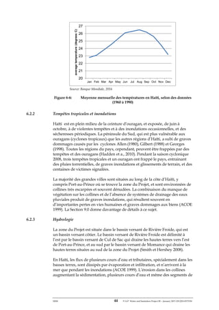 ERM 44 P-A-P Water and Sanitation Project III – January 2017-25122H-0373330
Source: Banque Mondiale, 2016
Figure 6-6: Moyenne mensuelle des températures en Haïti, selon des données
(1960 à 1990)
6.2.2 Tempêtes tropicales et inondations
Haïti est en plein milieu de la ceinture d’ouragan, et exposée, de juin à
octobre, à de violentes tempêtes et à des inondations occasionnelles, et des
sécheresses périodiques. La péninsule du Sud, qui est plus vulnérable aux
ouragans (cyclones tropicaux) que les autres régions d’Haïti, a subi de graves
dommages causés par les cyclones Allen (1980), Gilbert (1988) et Georges
(1998). Toutes les régions du pays, cependant, peuvent être frappées par des
tempêtes et des ouragans (Hadden et a., 2010). Pendant la saison cyclonique
2008, trois tempêtes tropicales et un ouragan ont frappé le pays, entrainant
des pluies torrentielles, de graves inondations et glissements de terrain, et des
centaines de victimes signalées.
La majorité des grandes villes sont situées au long de la côte d’Haïti, y
compris Port-au-Prince où se trouve la zone du Projet, et sont environnées de
collines très escarpées et souvent dénudées. La combinaison du manque de
végétation sur les collines et de l’absence de systèmes de drainage des eaux
pluviales produit de graves inondations, qui résultent souvent en
d’importantes pertes en vies humaines et graves dommages aux biens (ACOE
1999). La Section 9.0 donne davantage de détails à ce sujet.
6.2.3 Hydrologie
La zone du Projet est située dans le bassin versant de Rivière Froide, qui est
un bassin versant côtier. Le bassin versant de Rivière Froide est délimité à
l’est par le bassin versant de Cul de Sac qui draine les hautes terres vers l’est
de Port-au-Prince, et au sud par le bassin versant de Momance qui draine les
hautes terres situées au sud de la zone du Projet (Smith et Hershey 2008).
En Haïti, les flux de plusieurs cours d’eau et tributaires, spécialement dans les
basses terres, sont dissipés par évaporation et infiltration, et n’arrivent à la
mer que pendant les inondations (ACOE 1999). L’érosion dans les collines
augmentant la sédimentation, plusieurs cours d’eau et même des segments de
20
21
22
23
24
25
26
27
Jan Feb Mar Apr May Jun Jul Aug Sep Oct Nov Dec
averagetemperature(degreesC)
 