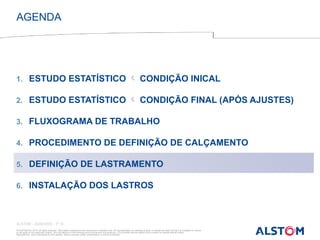 © ALSTOM SA, 2015. All rights reserved. Information contained in this document is indicative only. No representation or warranty is given or should be relied on that it is complete or correct
or will apply to any particular project. This will depend on the technical and commercial circumstances. It is provided without liability and is subject to change without notice.
Reproduction, use or disclosure to third parties, without express written authorisation, is strictly prohibited
ALSTOM - 25/08/2026 – P 10
1. ESTUDO ESTATÍSTICO  CONDIÇÃO INICAL
2. ESTUDO ESTATÍSTICO  CONDIÇÃO FINAL (APÓS AJUSTES)
3. FLUXOGRAMA DE TRABALHO
4. PROCEDIMENTO DE DEFINIÇÃO DE CALÇAMENTO
5. DEFINIÇÃO DE LASTRAMENTO
6. INSTALAÇÃO DOS LASTROS
AGENDA
 
