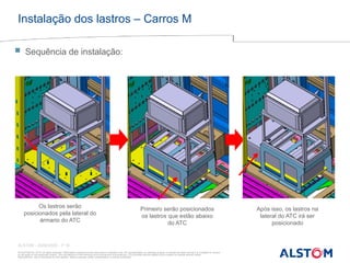 © ALSTOM SA, 2015. All rights reserved. Information contained in this document is indicative only. No representation or warranty is given or should be relied on that it is complete or correct
or will apply to any particular project. This will depend on the technical and commercial circumstances. It is provided without liability and is subject to change without notice.
Reproduction, use or disclosure to third parties, without express written authorisation, is strictly prohibited
ALSTOM - 25/08/2026 – P 18
Instalação dos lastros – Carros M
Os lastros serão
posicionados pela lateral do
ármario do ATC
Primeiro serão posicionados
os lastros que estão abaixo
do ATC
Após isso, os lastros na
lateral do ATC irá ser
posicionado
 Sequência de instalação:
 