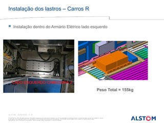 © ALSTOM SA, 2015. All rights reserved. Information contained in this document is indicative only. No representation or warranty is given or should be relied on that it is complete or correct
or will apply to any particular project. This will depend on the technical and commercial circumstances. It is provided without liability and is subject to change without notice.
Reproduction, use or disclosure to third parties, without express written authorisation, is strictly prohibited
ALSTOM - 25/08/2026 – P 19
Instalação dos lastros – Carros R
 Instalação dentro do Armário Elétrico lado esquerdo
Peso Total = 155kg
 