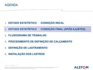 © ALSTOM SA, 2015. All rights reserved. Information contained in this document is indicative only. No representation or warranty is given or should be relied on that it is complete or correct
or will apply to any particular project. This will depend on the technical and commercial circumstances. It is provided without liability and is subject to change without notice.
Reproduction, use or disclosure to third parties, without express written authorisation, is strictly prohibited
ALSTOM - 25/08/2026 – P 4
1. ESTUDO ESTATÍSTICO  CONDIÇÃO INICAL
2. ESTUDO ESTATÍSTICO  CONDIÇÃO FINAL (APÓS AJUSTES)
3. FLUXOGRAMA DE TRABALHO
4. PROCEDIMENTO DE DEFINIÇÃO DE CALÇAMENTO
5. DEFINIÇÃO DE LASTRAMENTO
6. INSTALAÇÃO DOS LASTROS
AGENDA
 