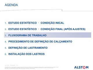 © ALSTOM SA, 2015. All rights reserved. Information contained in this document is indicative only. No representation or warranty is given or should be relied on that it is complete or correct
or will apply to any particular project. This will depend on the technical and commercial circumstances. It is provided without liability and is subject to change without notice.
Reproduction, use or disclosure to third parties, without express written authorisation, is strictly prohibited
ALSTOM - 25/08/2026 – P 6
1. ESTUDO ESTATÍSTICO  CONDIÇÃO INICAL
2. ESTUDO ESTATÍSTICO  CONDIÇÃO FINAL (APÓS AJUSTES)
3. FLUXOGRAMA DE TRABALHO
4. PROCEDIMENTO DE DEFINIÇÃO DE CALÇAMENTO
5. DEFINIÇÃO DE LASTRAMENTO
6. INSTALAÇÃO DOS LASTROS
AGENDA
 