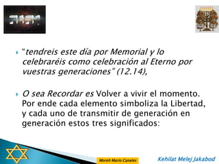    “tendreis este día por Memorial y lo
    celebraréis como celebración al Eterno por
    vuestras generaciones” (12.14),

   O sea Recordar es Volver a vivir el momento.
    Por ende cada elemento simboliza la Libertad,
    y cada uno de transmitir de generación en
    generación estos tres significados:



                       Moreh Mario Canales   Kehilat Melej Jakabod
 