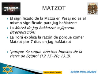    El significado de la Matzá en Pesaj no es el
    mismo significado para Jag haMatzot:
   La Matzá de Jag haMatzot = Jipazon
    (Precipitación)
   La Torá explica la razón de porque comer
    Matzot por 7 días en Jag haMatzot

   „porque Yo saque vuestras huestes de la
    tierra de Egipto‟ (12.15-20; 13.3).


                       Moreh Mario Canales   Kehilat Melej Jakabod
 