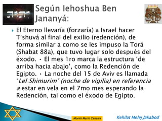    El Eterno llevaría (forzaría) a Israel hacer
    T‟shuvá al final del exilio (redención), de
    forma similar a como se les impuso la Torá
    (Shabat 88a), que tuvo lugar solo después del
    éxodo. • El mes 1ro marca la estructura „de
    arriba hacia abajo‟, como la Redención de
    Egipto. • La noche del 15 de Aviv es llamada
    „Lel Shimurim‟ (noche de vigilia) en referencia
    a estar en vela en el 7mo mes esperando la
    Redención, tal como el éxodo de Egipto.


                       Moreh Mario Canales   Kehilat Melej Jakabod
 
