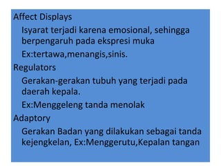 Affect Displays Isyarat terjadi karena emosional, sehingga berpengaruh pada ekspresi muka Ex:tertawa,menangis,sinis. Regulators Gerakan-gerakan tubuh yang terjadi pada daerah kepala. Ex:Menggeleng tanda menolak Adaptory Gerakan Badan yang dilakukan sebagai tanda kejengkelan, Ex:Menggerutu,Kepalan tangan  
