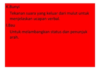 K.Bunyi Tekanan suara yang keluar dari mulut untuk menjelaskan ucapan verbal. I.Bau Untuk melambangkan status dan penunjuk arah. 