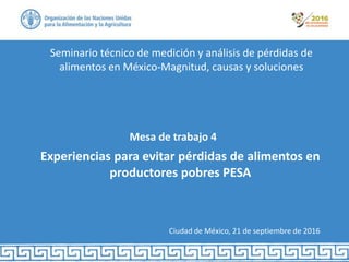 Seminario técnico de medición y análisis de pérdidas de
alimentos en México-Magnitud, causas y soluciones
Ciudad de México, 21 de septiembre de 2016
Mesa de trabajo 4
Experiencias para evitar pérdidas de alimentos en
productores pobres PESA
 