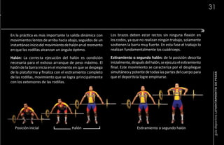 31



En la práctica es más importante la salida dinámica con    Los brazos deben estar rectos sin ninguna flexión en
movimientos lentos de arriba hacia abajo, seguidos de un   los codos, ya que no realizan ningún trabajo, solamente
instantáneo inicio del movimiento de halón en el momento   sostienen la barra muy fuerte. En esta fase el trabajo lo
en que las rodillas alcanzan un ángulo óptimo.             realizan fundamentalmente los cuádriceps.

Halón: La correcta ejecución del halón es condición        Estiramiento o segundo halón: de la posición descrita
necesaria para el exitoso arranque de peso máximo. El      inicialmente, después del halón, se ejecuta el estiramiento
halón de la barra inicia en el momento en que se despega   final. Este movimiento se caracteriza por el despliegue
de la plataforma y finaliza con el estiramiento completo   simultáneo y potente de todas las partes del cuerpo para




                                                                                                                          guía deportiva LEVANTAMIENTO DE PESAS
de las rodillas, movimiento que se logra principalmente    que el deportista logre empinarse.
con los extensores de las rodillas.




  Posición inicial                   Halón                                  Estiramiento o segundo halón
 