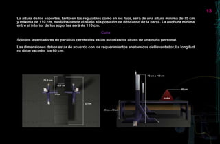 13
La altura de los soportes, tanto en los regulables como en los fijos, será de una altura mínima de 75 cm
y máxima de 110 cm, medidos desde el suelo a la posición de descanso de la barra. La anchura mínima
entre el interior de los soportes será de 110 cm.

                                                 Cuña

Sólo los levantadores de parálisis cerebrales están autorizados al uso de una cuña personal.

Las dimensiones deben estar de acuerdo con los requerimientos anatómicos del levantador. La longitud
no debe exceder los 60 cm.
 
