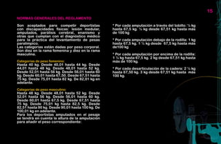 15
NORMAS GENERALES DEL REGLAMENTO

Son aceptados para competir deportistas           * Por cada amputación a través del tobillo: ½ kg
con discapacidades físicas: lesión medular,       hasta 67,5 kg. ½ kg desde 67,51 kg hasta más
amputados, parálisis cerebral, enanismo y         de 100 kg
otras que cumplan con el diagnóstico médico
para la práctica del levantamiento de pesas       * Por cada amputación debajo de la rodilla: 1 kg
paralímpico.                                      hasta 67,5 kg. 1 ½ kg desde 67,5 kg hasta más
Las categorías están dadas por peso corporal.     de100 kg
Son diez en la rama femenina y diez en la rama
masculina.                                        * Por cada amputación por encima de la rodilla:
                                                  1 ½ kg hasta 67,5 kg. 2 kg desde 67,51 kg hasta
Categorías de peso femenino:                      más de 100 kg.
Hasta 40 kg. Desde 40,01 hasta 44 kg. Desde
44,01 hasta 48 kg. Desde 48,01 hasta 52 kg.       * Por cada desarticulación de la cadera: 2 ½ kg
Desde 52,01 hasta 56 kg. Desde 56,01 hasta 60     hasta 67,50 kg. 3 kg desde 67,51 kg hasta más
kg. Desde 60,01 hasta 67,50. Desde 67,51 hasta    100 kg.
75 kg. Desde 75,01 hasta 82 kg. De 82,01 kg en
adelante.
Categorías de peso masculino:
Hasta 48 kg. Desde 48,01 hasta 52 kg. Desde
52,01 hasta 56 kg. Desde 56,01 hasta 60 kg.
Desde 60,01 hasta 67,5 kg. Desde 67,51 hasta
75 kg. Desde 75,01 kg hasta 82,5 kg. Desde
82,51 hasta 90 kg. Desde 90,01 hasta 100 kg. De
100,01 kg en adelante.
Para los deportistas amputados en el pesaje
se tendrá en cuenta la altura de la amputación
para añadir el peso correspondiente:
 