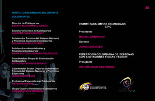 35
INSTITUTO COLOMBIANO DEL DEPORTE
COLDEPORTES

Director de Coldeportes                    COMITÉ PARALÍMPICO COLOMBIANO
EVERTH BUSTAMANTE GARCÍA                                    C.P.C
Secretario General de Coldeportes          Presidente
ALBERTO CASAS SÁNCHEZ
                                           MIGUEL ZAMBRANO
Subdirector Técnico del Sistema Nacional
y Proyectos Especiales Coldeportes         Gerente
ORLANDO SOTELO SUÁREZ
                                           JORGE CENDALES
Subdirectora Administrativa y
Financiera Coldeportes
MARÍA VICTORIA ROMERO VELÁSQUEZ            FEDERACIÓN COLOMBIANA DE PERSONAS
                                           CON LIMITACIONES FÍSICAS FEDESIR
Coordinadora Grupo de Contratación
Coldeportes                                Presidente
RUTH DARY FORERO ROBAYO
                                           HÉCTOR JULIO CASTAÑEDA
Coordinador Sector Deporte- Subdirector
Técnico del Sistema Nacional y Proyectos
Especiales
TIRSO ZORRO GUIO

Profesional Especializado Coldeportes
ANTONIO INFANTE

Grupo Deporte Paralímpico Coldeportes
LEONARDO RUÍZ MENDOZA
 