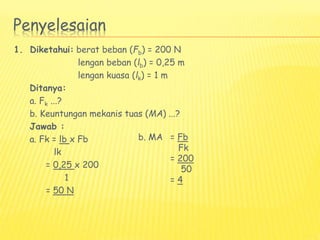Penyelesaian
1. Diketahui: berat beban (Fb) = 200 N
lengan beban (lb) = 0,25 m
lengan kuasa (lk) = 1 m
Ditanya:
a. Fk ...?
b. Keuntungan mekanis tuas (MA) ...?
Jawab :
a. Fk = lb x Fb
lk
= 0,25 x 200
1
= 50 N
b. MA = Fb
Fk
= 200
50
= 4
 