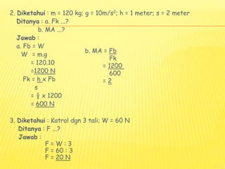 2. Diketahui : m = 120 kg; g = 10m/s2; h = 1 meter; s = 2 meter
Ditanya : a. Fk ...?
b. MA ...?
Jawab :
a. Fb = W
W = m.g
= 120.10
=1200 N
Fk = h x Fb
s
= ½ x 1200
= 600 N
3. Diketahui : Katrol dgn 3 tali; W = 60 N
Ditanya : F ...?
Jawab :
F = W : 3
F = 60 : 3
F = 20 N
b. MA = Fb
Fk
= 1200
600
= 2
 