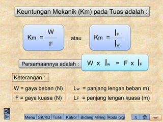 novi 
Keuntungan Mekanik (Km) pada Tuas adalah : 
Km = 
W 
F 
Km = lF 
lw 
atau 
Persamaannya adalah : W x lw = F x lF 
Keterangan : 
W = gaya beban (N) 
F = gaya kuasa (N) 
Lw = panjang lengan beban m) 
LF = panjang lengan kuasa (m) 
Menu SK/KD Tuas Katrol Bidang Miring Roda gigi X 
 