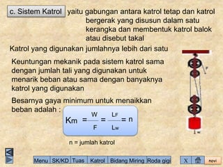 c. Sistem Katrol yaitu gabungan antara katrol tetap dan katrol 
bergerak yang disusun dalam satu 
kerangka dan membentuk katrol balok 
atau disebut takal 
novi 
Katrol yang digunakan jumlahnya lebih dari satu 
Keuntungan mekanik pada sistem katrol sama 
dengan jumlah tali yang digunakan untuk 
menarik beban atau sama dengan banyaknya 
katrol yang digunakan 
Besarnya gaya minimum untuk menaikkan 
beban adalah : 
Km = 
W 
F 
LF 
= n 
Lw 
= 
n = jumlah katrol 
Menu SK/KD Tuas Katrol Bidang Miring Roda gigi X 
 