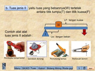 novi 
b. Tuas jenis II yaitu tuas yang bebannya(W) terletak 
antara titik tumpu(T) dan titik kuasa(F) 
LF : lengan kuasa 
W 
Lw : lengan beban 
Contoh alat alat 
tuas jenis II adalah : 
T 
F 
Pembuka tutup botol Gerobak dorong Pemotong kertas Pemecah kemiri 
Menu SK/KD Tuas Katrol Bidang Miring Roda gigi X 
 