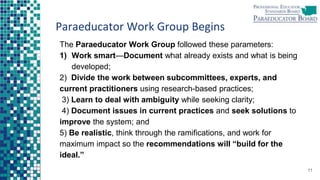 Paraeducator Work Group Begins
The Paraeducator Work Group followed these parameters:
1) Work smart—Document what already exists and what is being
developed;
2) Divide the work between subcommittees, experts, and
current practitioners using research-based practices;
3) Learn to deal with ambiguity while seeking clarity;
4) Document issues in current practices and seek solutions to
improve the system; and
5) Be realistic, think through the ramifications, and work for
maximum impact so the recommendations will “build for the
ideal.”
11
 